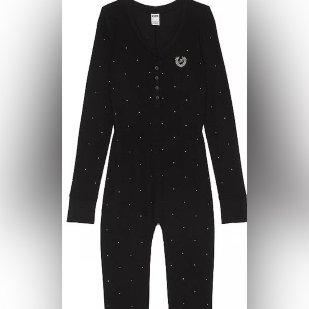New Victorias Secret PINK Pajamas One Piece (S) Black Bling PJ Thermal NWT